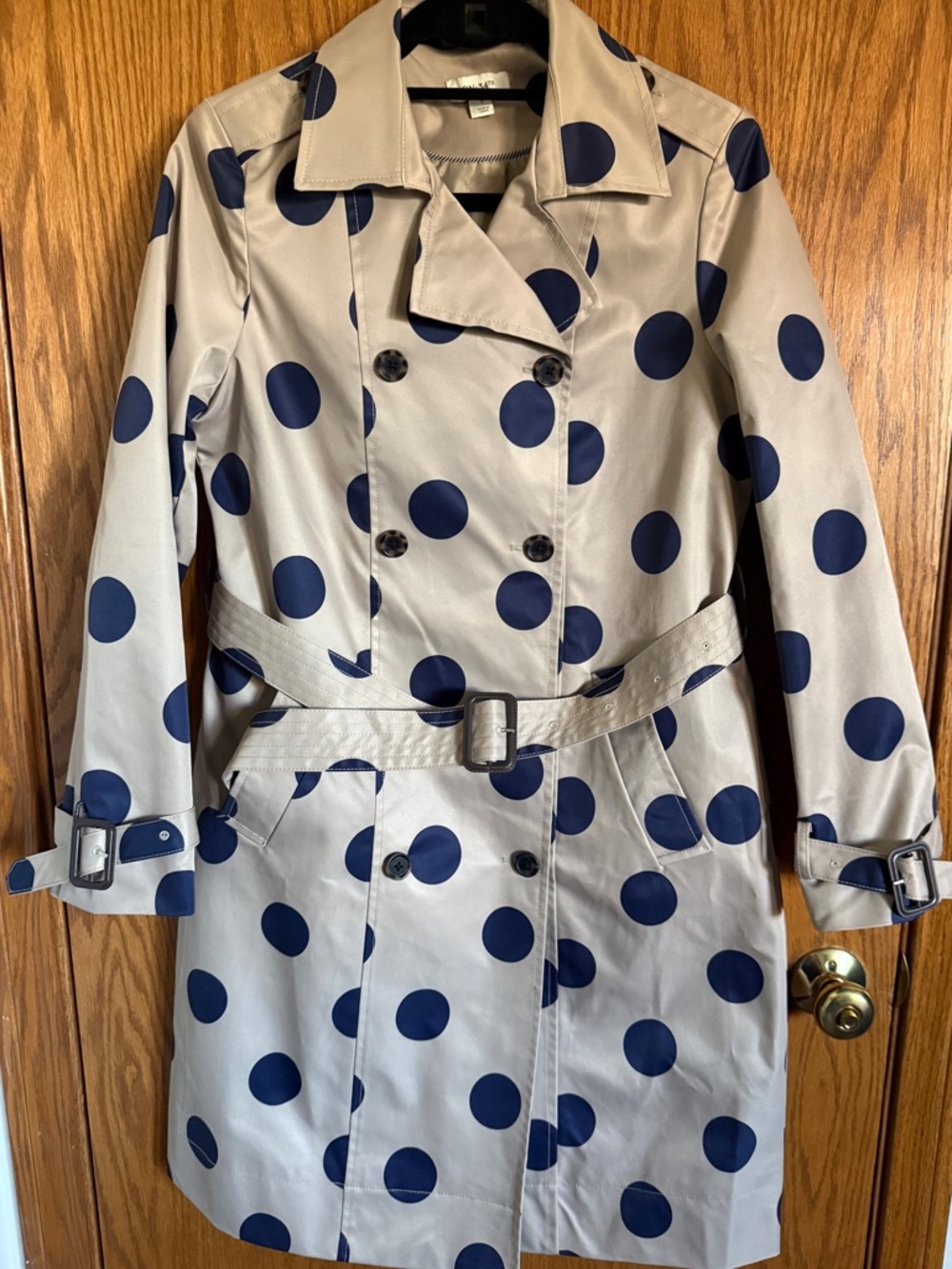 On 34th Trench Coat Polka Dots Navy Blue and Tan Belted Women's Size Small